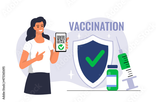 Female protected after vaccination vector. Vaccinated digital certificate passport on device screen.