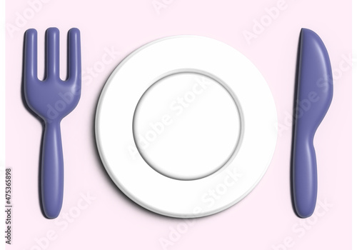 3d volumetric icon of a plate, knife and fork. Restaurant, canteen or catering cafe