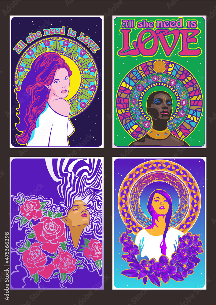 Beautiful Women, Flowers, Art Nouveau Style Mosaic, 1960s Psychedelic Posters Style Illustration Set