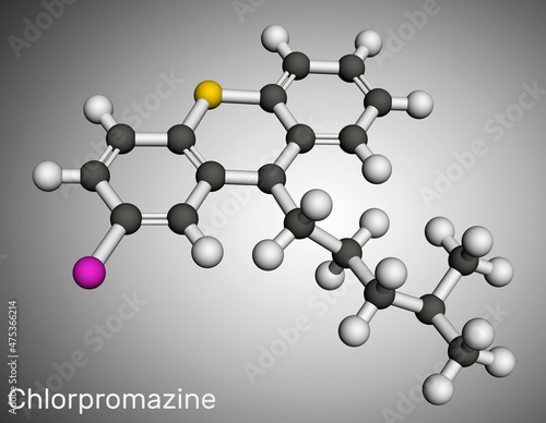 Chlorpromazine, CPZ molecule. Phenothiazine antipsychotic, used to treat nausea, vomiting, anxiety, schizophrenia, bipolar disorder. Molecular model. 3D rendering photo