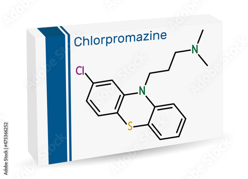 Chlorpromazine, CPZ molecule. Phenothiazine antipsychotic, used to treat nausea, vomiting, anxiety, schizophrenia, bipolar disorder. Skeletal chemical formula. Paper packaging for drugs