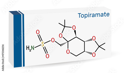 Topiramate molecule. It is sulfamate-substituted monosaccharide, anticonvulsant, antiseizure drug used in the control of epilepsy. Skeletal chemical formula. Paper packaging for drugs