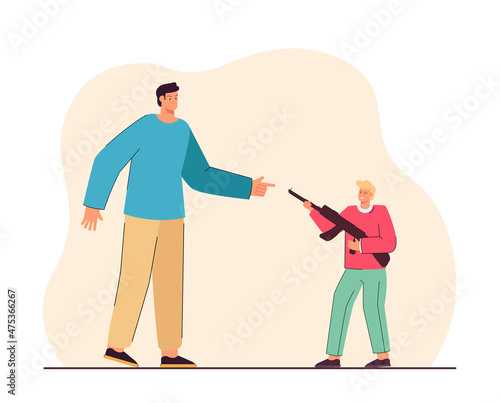 Furious man pointing finger at son holding gun. Parent angry with disobedient child flat vector illustration. Parenthood, family relationship concept for banner, website design or landing web page