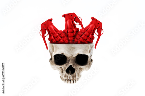 Skull with red grenades inside head isolated on white. Grenade head. Detonation. Explosion hazard. Brain explosion... photo