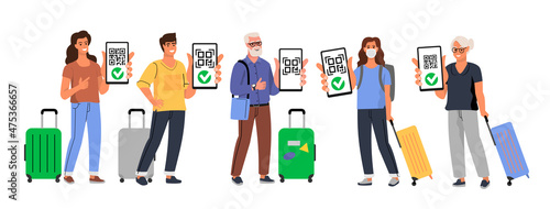 People tourists with suitcases show QR code. Certificate of vaccination vector flat cartoon