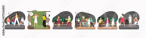 Fashion show scene set with catwalk models, videographer, photographer, fashion designer, journalist vector illustration