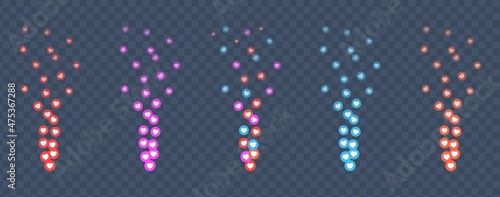 Set of colorful hearts for stream in flatt style. Flying red pink orange and blue hearts for social media posts, live streaming. Blogging live positive reaction template. Vector illustration.
