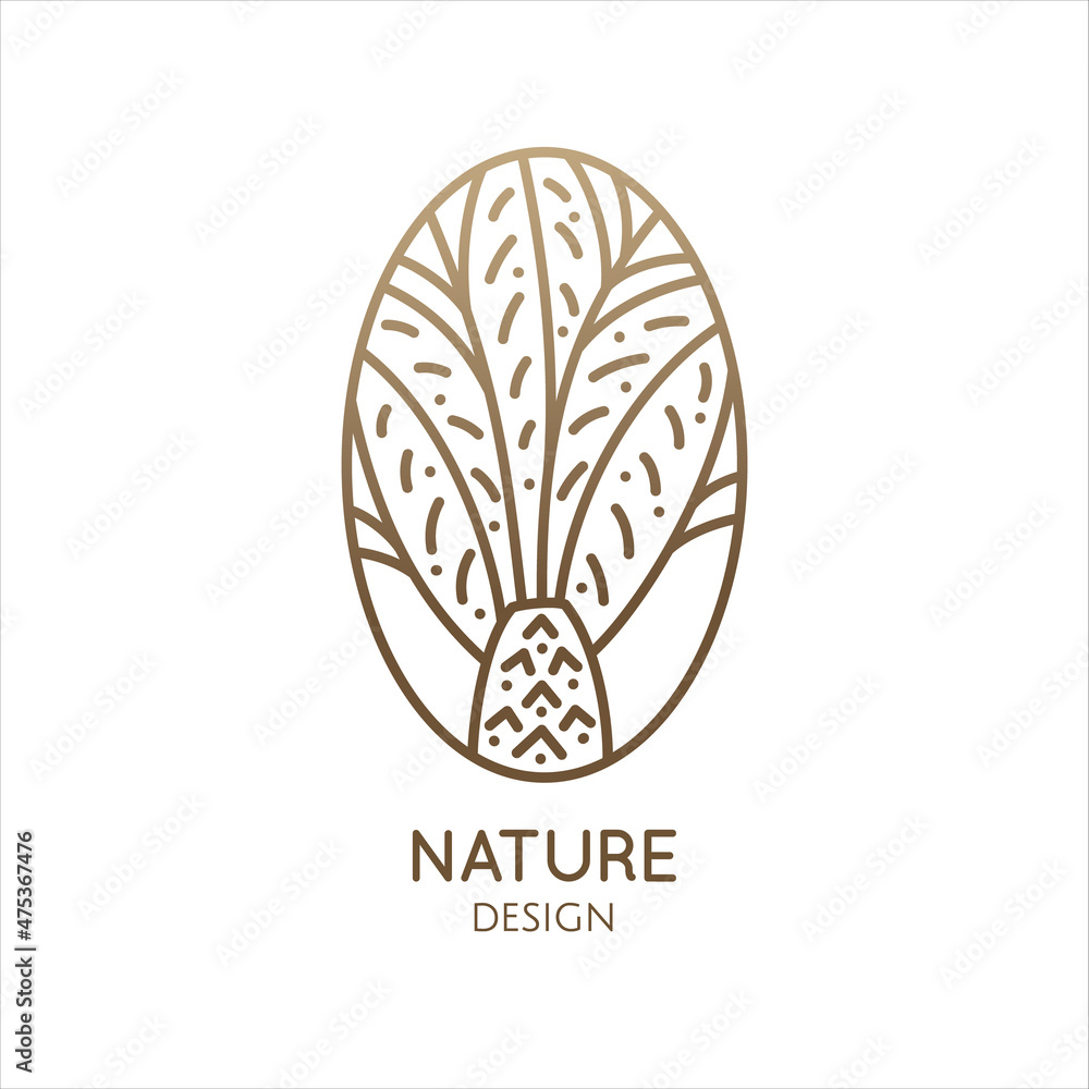 Tropical plant logo. Palm tree with leafs in linear style. Oval outline emblem. Vector abstract badge for design of natural product, flower shop, cosmetics, ecology concepts, health, spa, yoga.
