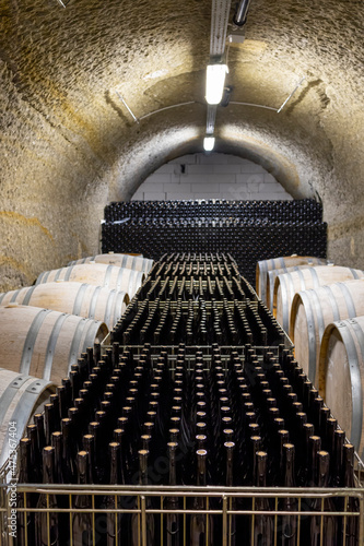 Wine cellars with barrels, traditional wine called Bikaver near Eger, Hungary photo