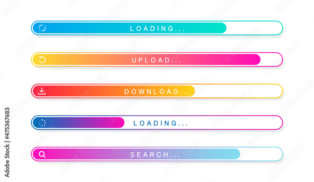 Loading bar set with icons. Color gradient lines on white backdrop. progress visualization. loading status collection. modern Web Element Collection. vector design Loading bar set with icons. Color gradient lines on white backdrop. progress visualization. loading status collection. modern Web Element Collection. vector design