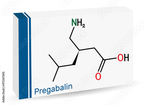 Pregabalin molecule. It is anticonvulsant, anxiolytic drug used to treat fibromyalgia and epilepsy. Skeletal chemical formula. Paper packaging for drugs