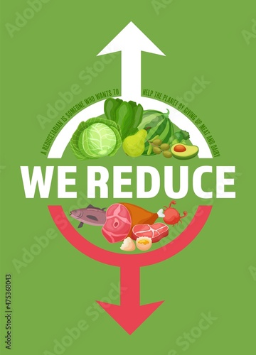 Reduce animal products consumption, avoidance of meat production. Vector illustration, ecofriendly poster