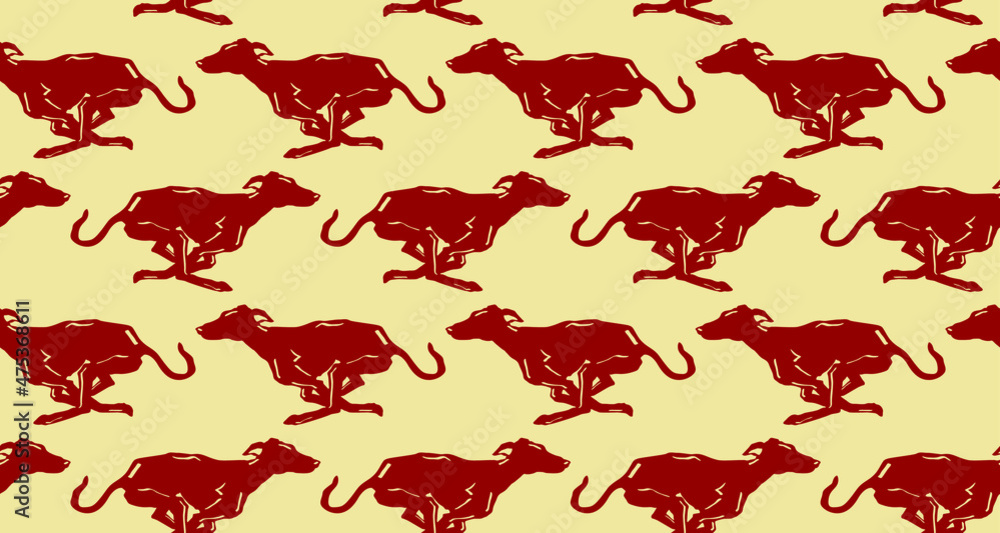 Fototapeta premium Racing red greyhound dog seamless vector pattern on yellow background.