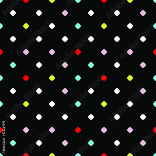 Seamless colorful vector polka dots on black background.