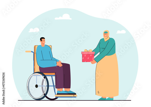 Islamic woman giving present to male person in wheelchair. Man with physical disability receiving gift flat vector illustration. Ramadan, support, disability concept for banner or landing web page