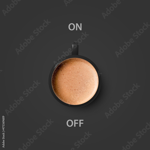 Vector 3d Realistic Off, On Switch with Milk Foam Coffee in Black Ceramic, Porcelain Coffee Mug on Black. Capuccino, Latte. Concept Creative Banner with Coffee Cup. Design Template. Top View