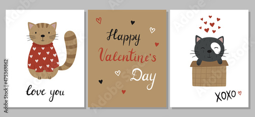 Happy Valentine's Day. A set of cute greeting cards. A hand-drawn cat in a sweater with hearts, lettering, A little kitten in a box. Vector illustration