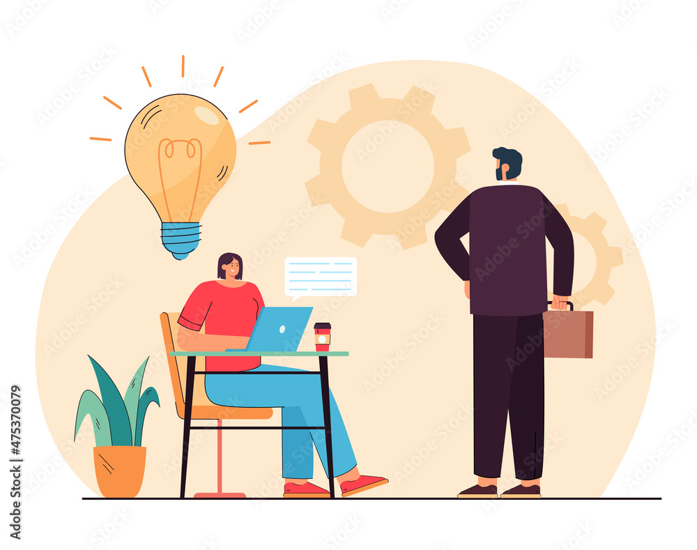 Boss standing in front of employee who working. Worker sharing idea with chief flat vector illustration. Workplace, business communication concept for banner, website design or landing web page Boss standing in front of employee who working. Worker sharing idea with chief flat vector illustration. Workplace, business communication concept for banner, website design or landing web page
