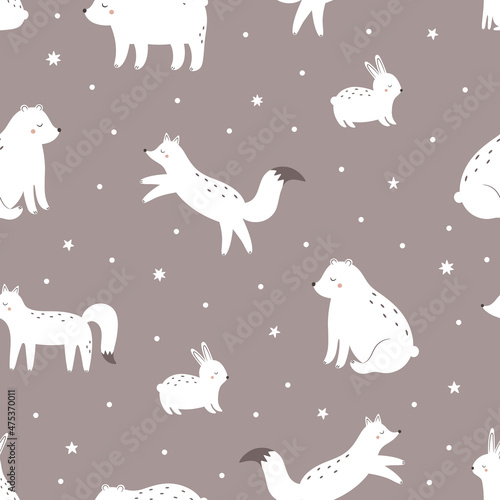 Seamless pattern with fox, bear, hare. Forest animals on a beige background. Vector illustration for printing on fabric, nursery clothing, wrapping paper