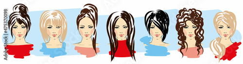 Collection of beautiful women's portrait  with different hairstyles, hand-drawn.