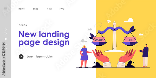 Man balancing life and work on scales. Controlling time for career and relationship or family flat vector illustration. Work and life balance concept for banner  website design or landing web page