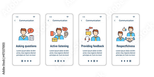 Effective communication onboarding mobile app screens.Asking question, active listening, providing feedback, respectfulness. Set of UI, UX, web template with RGB color linear icons
