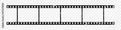 Grunge film strip on transparent background. Retro scratched camera photo roll. Old filmstrip with perforation, border or frame with place for pictures. Vector illustration