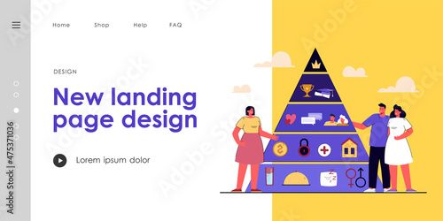 People with Maslow hierarchy. Triangle pyramid, self-actualization, growth, love, wellness and physiological needs flat vector illustration. Basic needs, sociology concept for banner, website design