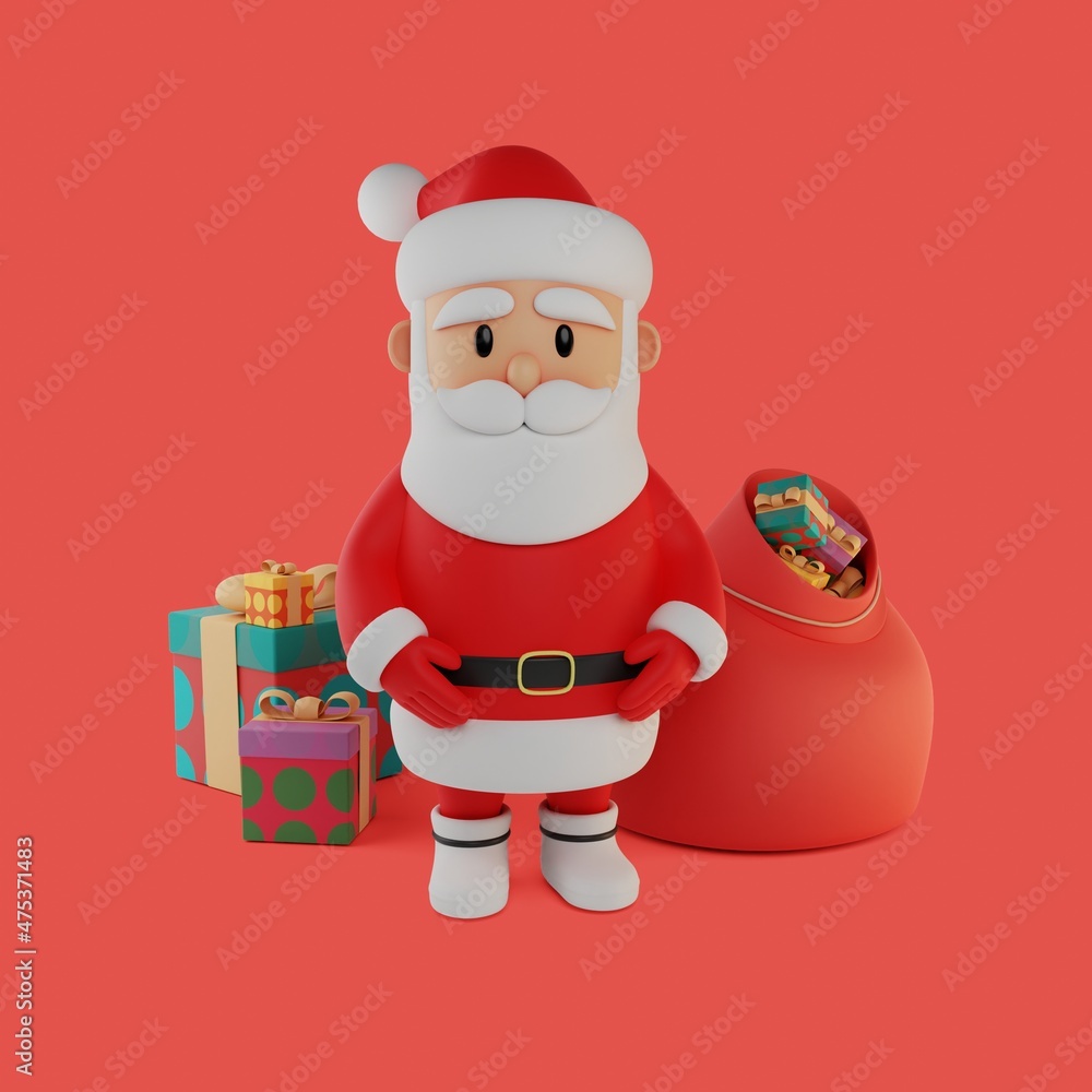 Fototapeta premium Red 3D Santa Claus. Illustration for Christmas, New Year With Presents