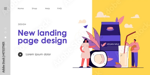 Tiny people with vegan milk. Lactose free milk from almond or coconut, organic beverage flat vector illustration. Food, veganism, diet, lifestyle concept for banner, website design or landing web page
