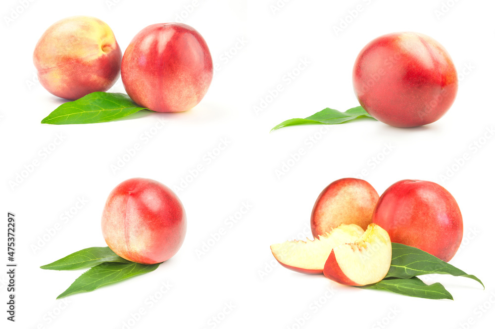 Set of fresh peaches fruits isolated on white Set of fresh peaches fruits isolated on white