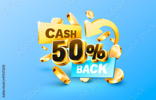 50 Cash back service, financial payment label. Vector