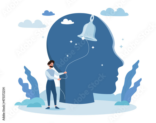 Self conscious concept. Man stands against background of silhouette of head, metaphor for psychological research. Awareness and searching for meaning of life. Cartoon flat vector illustration