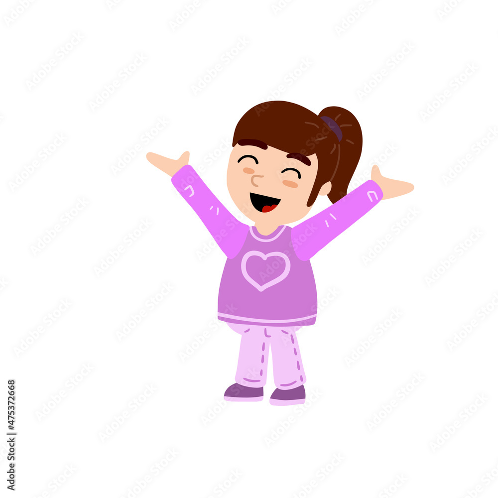 Funny Little girl. Happy child waves hand. Cute Character in pink clothes. Funny Little girl. Happy child waves hand. Cute Character in pink clothes.