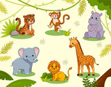 Jungle animals pattern. Collection of characters for children. African savannah, fauna, tropical forests. Picture for printing on fabric. Wildlife, greenery. Cartoon flat vector illustration