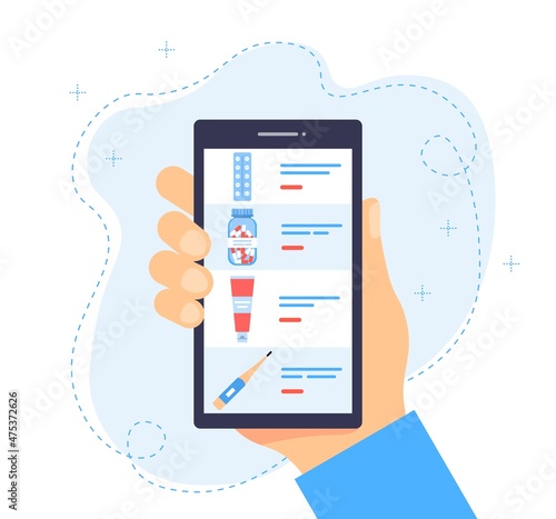 Human hand holding smartphone when ordering medications. Online pharmacy. Delivery of medicines online. Mobile service or app for purchasing medicines in online pharmacy drugstore. Medical application