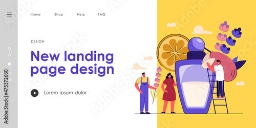 Tiny people making perfume. Cartoon persons with nuts and flowers, deodorant for fresh body smell flat vector illustration. Cosmetics, perfumery concept for banner, website design or landing web page