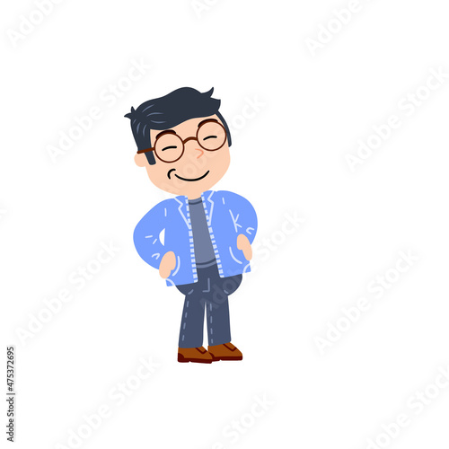 Little boy with glasses. Happy smart child. Cute Character in blue clothes. Flat cartoon