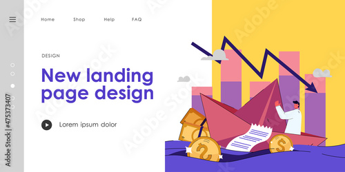 Metaphor of risk, crisis, loss and bankruptcy in business. Cartoon vector illustration. Tiny man sailing paper boat symbolizing financial, economy recession. Bankruptcy, economy risk, business concept