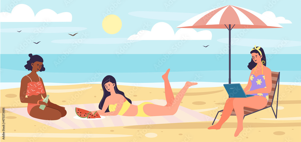 Woman taking sunbathing. Girlfriends relaxing on beach. Travel to other countries, rest in summer heat, vacation. Fresh air, outdoor, nature. Travel poster or banner. Cartoon flat vector illustration