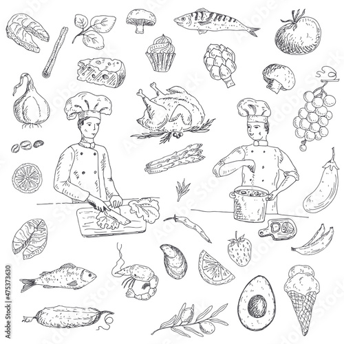 The cooks prepares the dishes. Organic fruits, vegetables, fish and meat. Vector illustration.