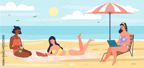 Woman taking sunbathing. Girlfriends relaxing on beach. Travel to other countries, rest in summer heat, vacation. Fresh air, outdoor, nature. Travel poster or banner. Cartoon flat vector illustration © Rudzhan