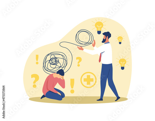 Unraveling difficult situation. Psychologist helps person solve internal problems. Difficult life situation, support. Session with psychotherapist, brain, thoughts. Cartoon flat vector illustration