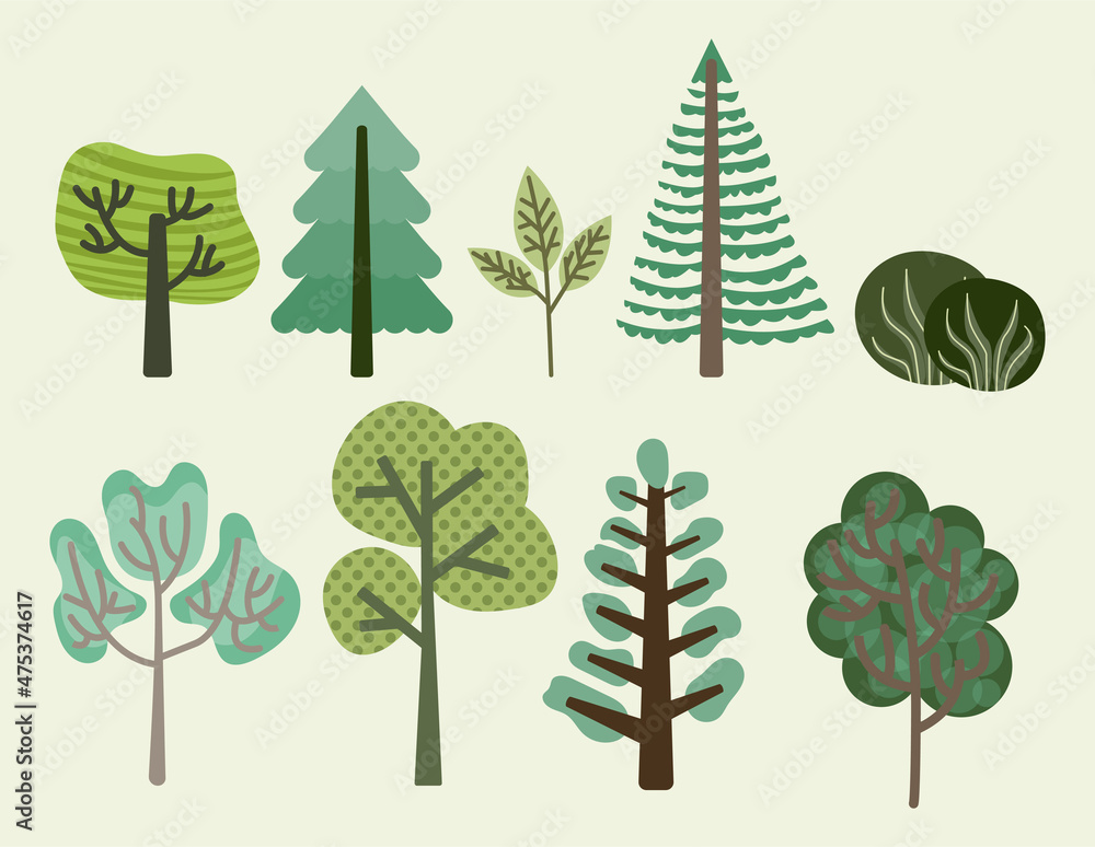 Fototapeta premium Set of trees. Collection of beautiful stickers and icons for childrens. Nature, fauna, plants. Forest, summer and spring, branch. Cartoon flat vector illustrations isolated on green background