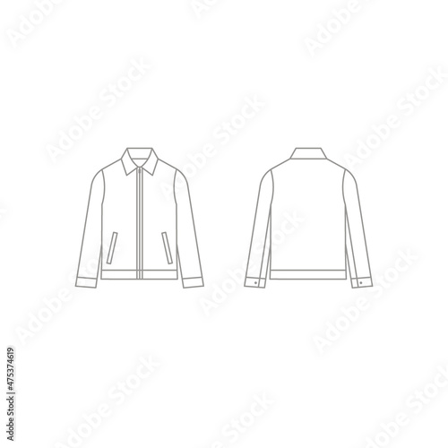 Man jacket, harrington collar coat clothes outline template with zip front. Apparel jacket technical mockup. Shirt in front and back view. Vector flat illustration photo