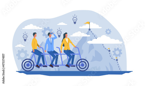 Team on tandem bike. Active lifestyle, friends travel together, unusual transport. Athletes train, take care of their health. Nature, outdoor, park, sportsmans. Cartoon flat vector illustration