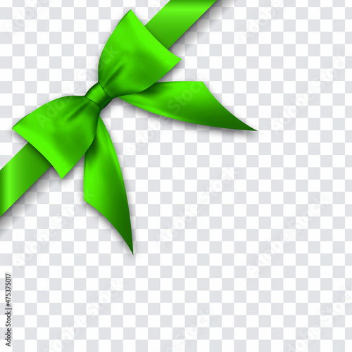 Decorative green bow with diagonally ribbon on the corner. Vector bow for page decor
