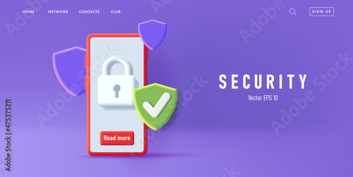 Web banner with 3d render illustration of a red smartphone with green protection shield and padlock