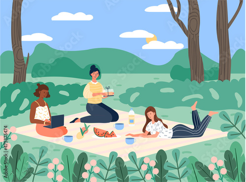 Spending summer time outdoor. Girlfriends went out for picnic, active lifestyle, outdoor recreation. Nice weekend, lovely weather. Nature, park, fresh air, rest. Cartoon flat vector illustration © Rudzhan