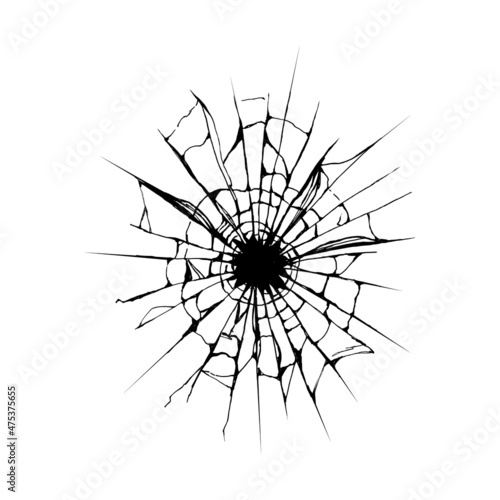 Broken glass from impact with black hole in the middle .Crack in ice or ground .Damaged windshield .Hand sketch on white background.